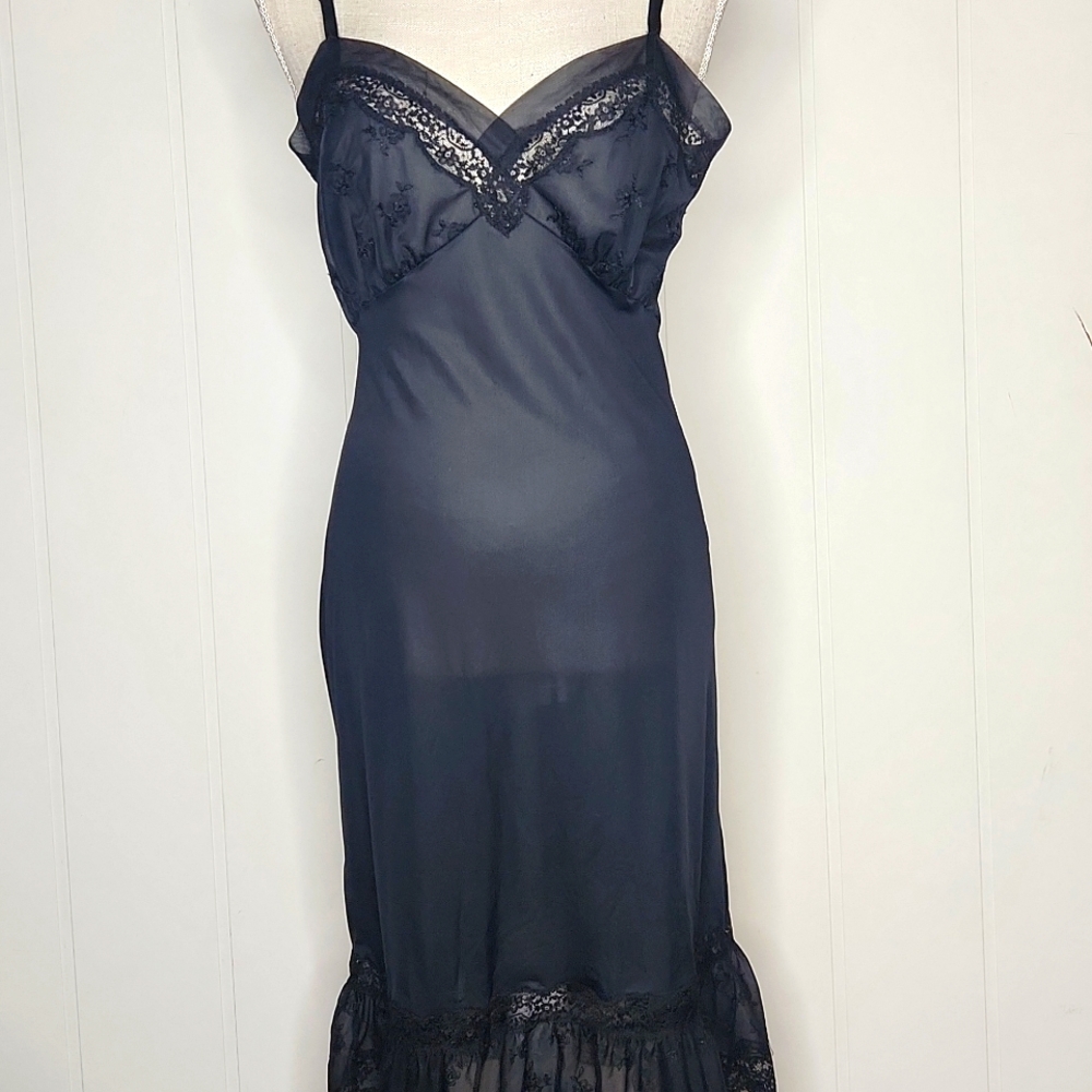 Vintage black whismigoth fairycore nylon lace Feminine slip dress